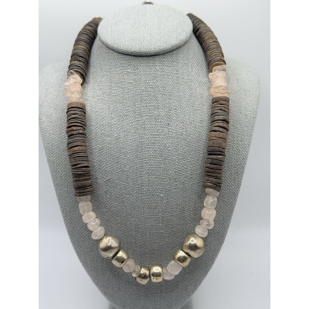 Vintage Heishi Shell Rose Quartz Chip Beaded Necklace Metallic Accents 14"